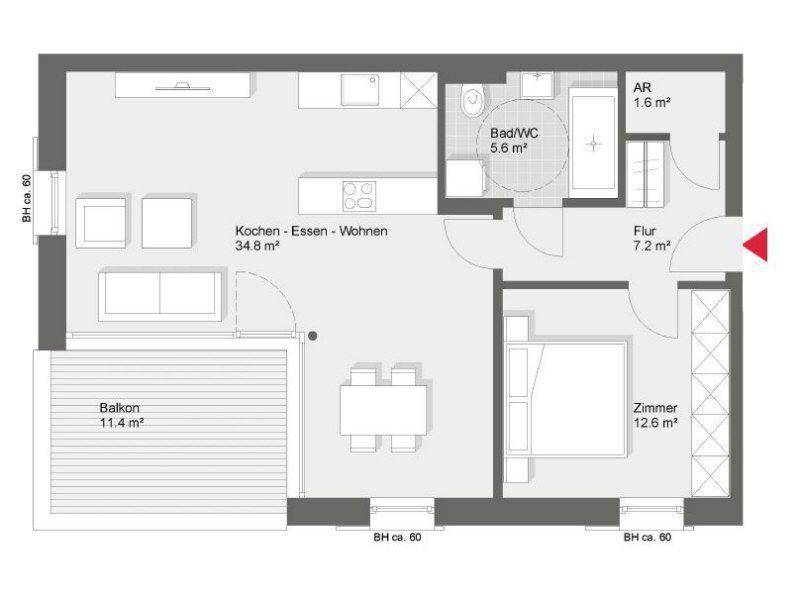 Detaillierter Grundriss einer Wohnung mit offenem Wohn-Essbereich, Schlafzimmer und Balkon.