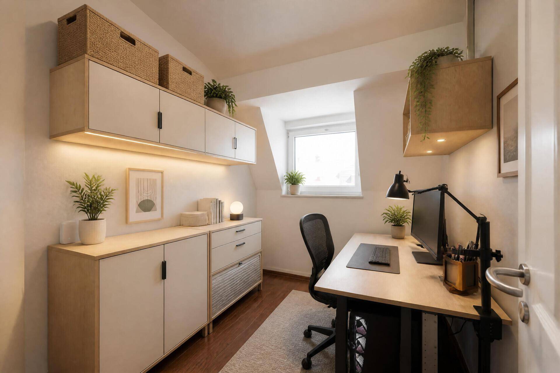 Modernes Home-Office mit Schreibtisch, Regalen und Stauraum unter einem Dachfenster.