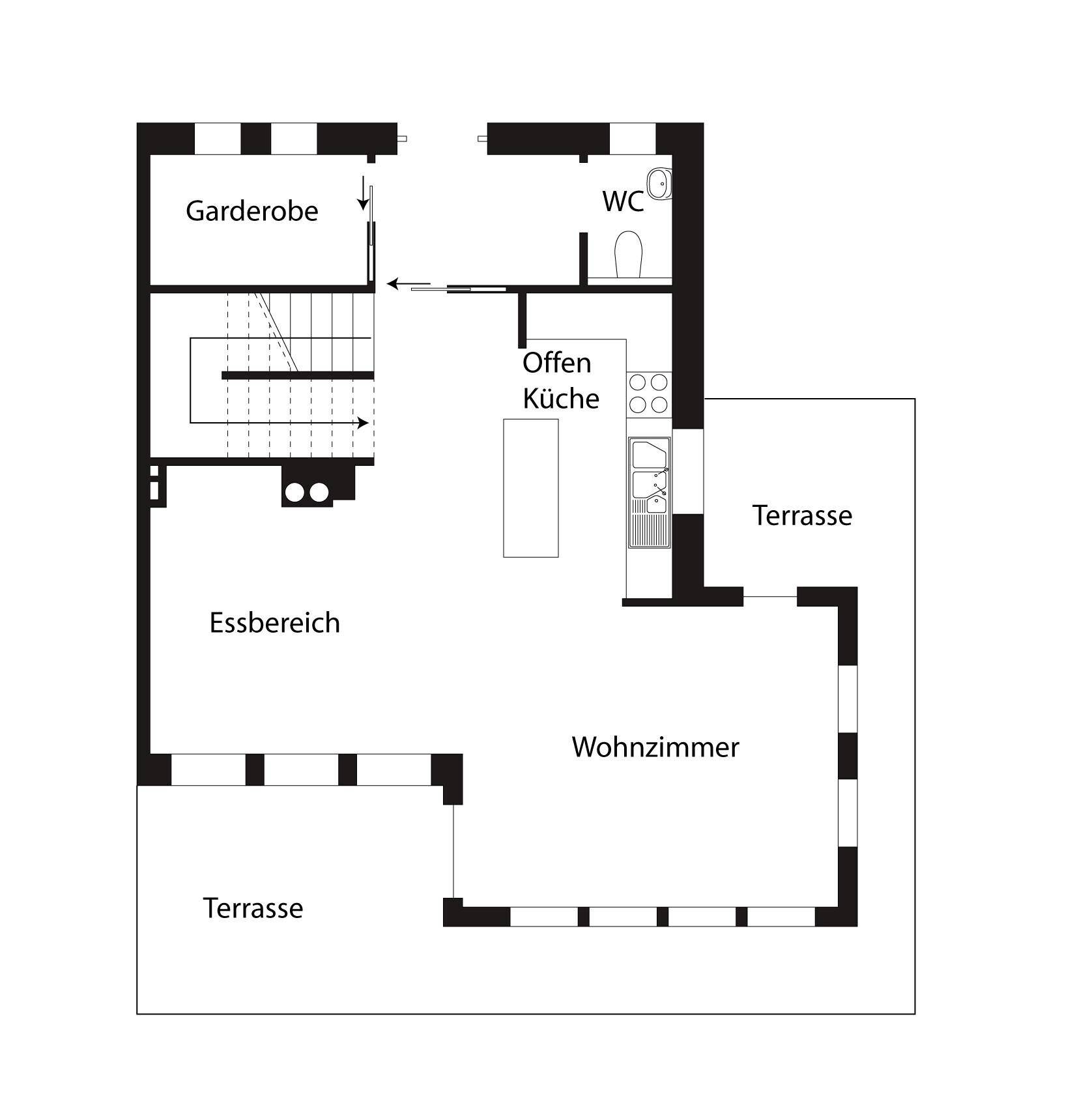 Grundriss des Erdgeschosses mit offenem Wohnbereich, Küche, Essbereich, Garderobe und zwei Terrassen.