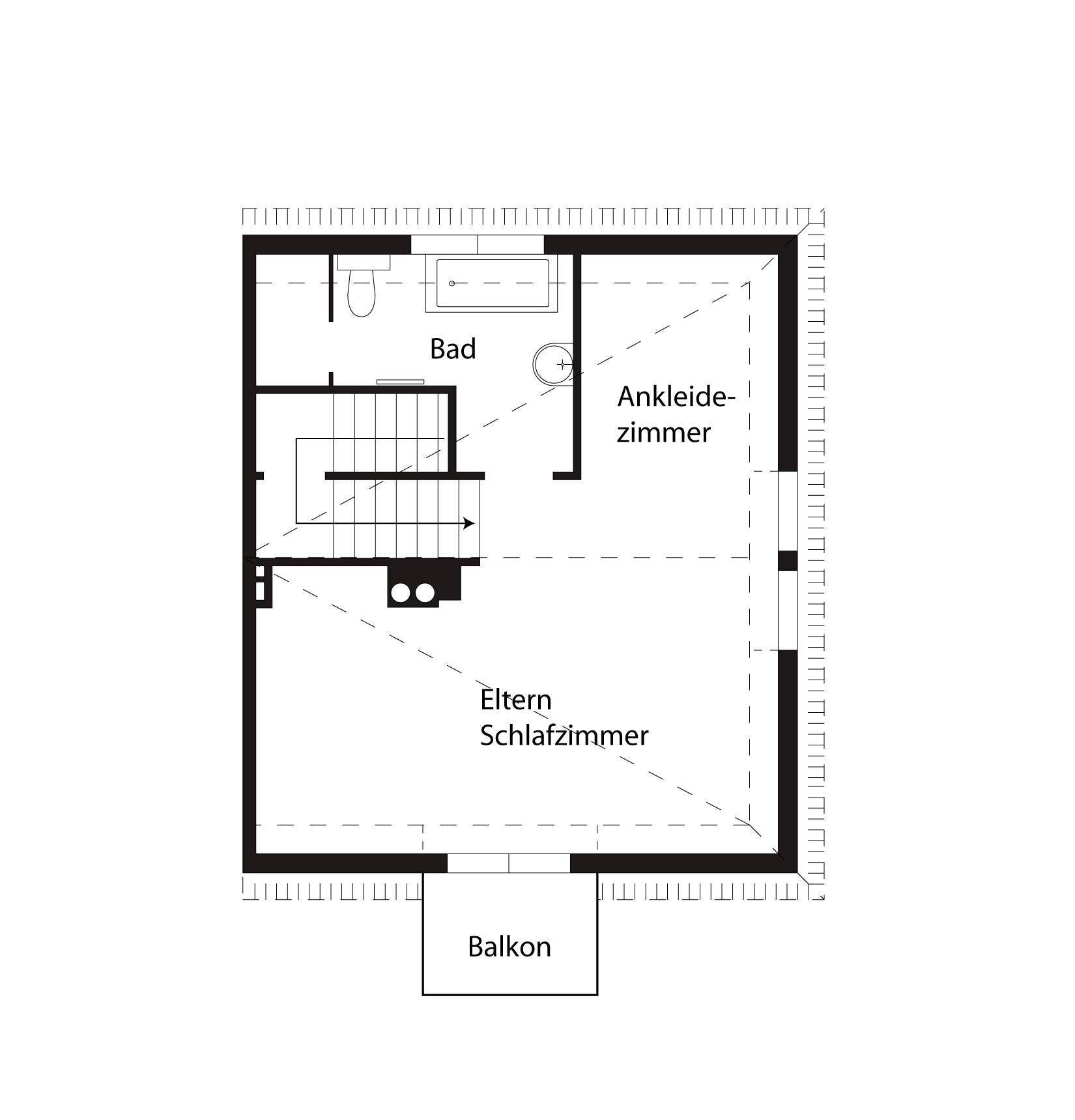 Grundriss des Dachgeschosses mit Elternschlafzimmer, Ankleidezimmer, Bad und Zugang zu einem Balkon.