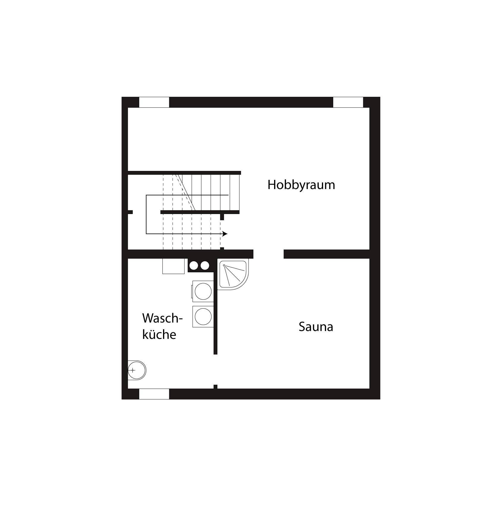Grundriss des Untergeschosses mit Hobbyraum, Waschküche und einer Sauna für Wellness und Entspannung.