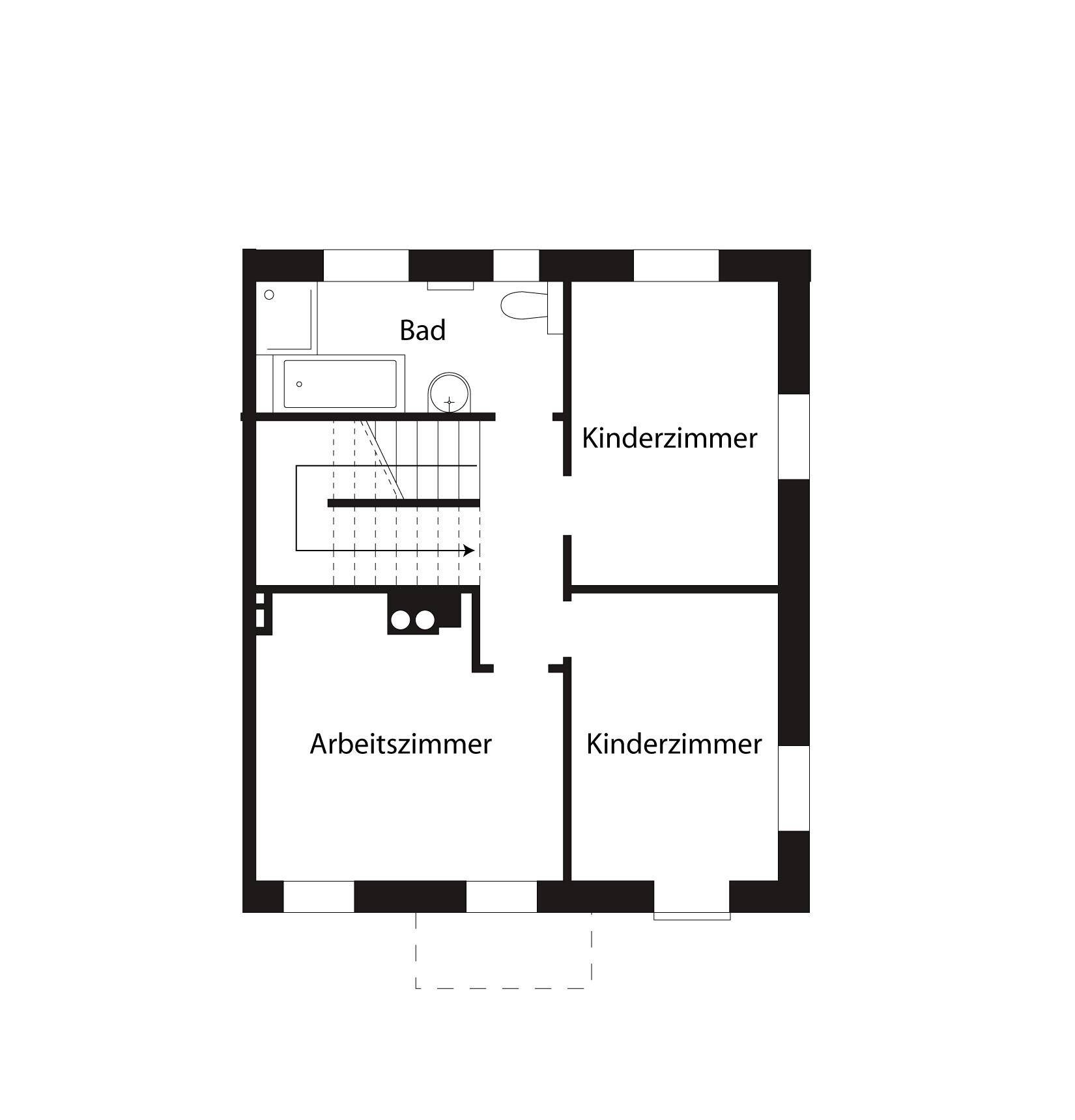 Grundriss des Obergeschosses mit Bad, Arbeitszimmer und zwei Kinderzimmern, verbunden durch eine Treppe.