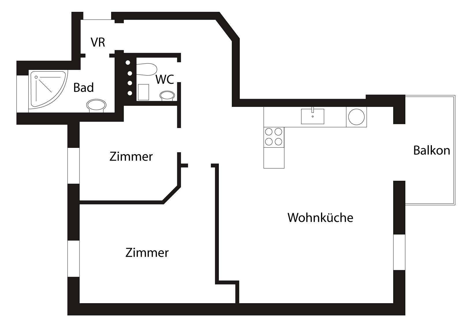 Grundriss einer Wohnung mit Wohnküche, zwei Zimmern, Bad, WC und Balkon.