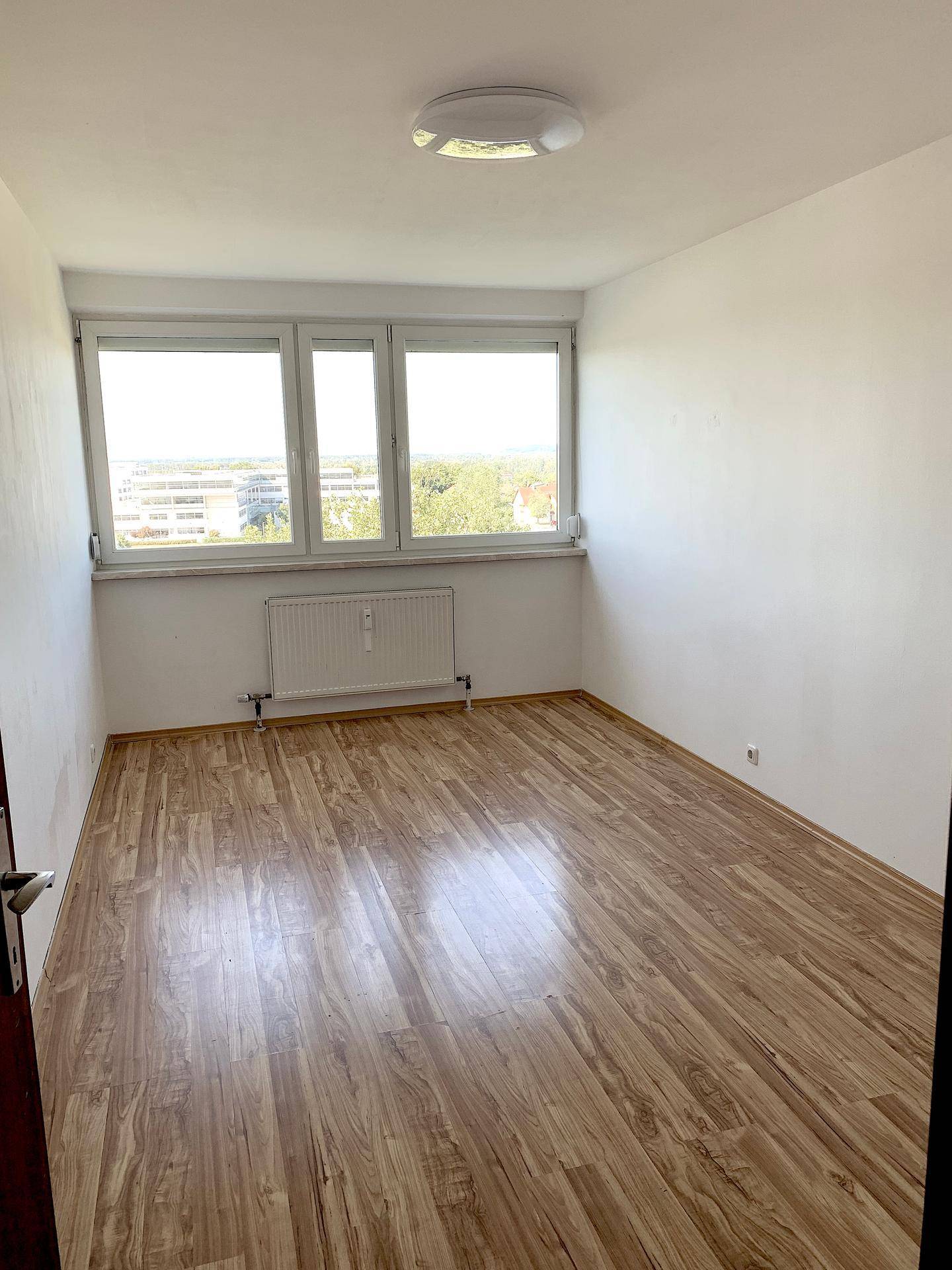 Helles, leeres Zimmer mit Laminatboden und Fenster mit weitem Ausblick.