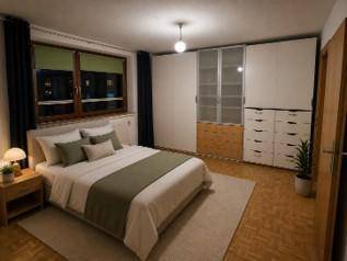 Schlafzimmer mit Doppelbett, Nachttischen und einem großen Einbauschrank, modern eingerichtet.
