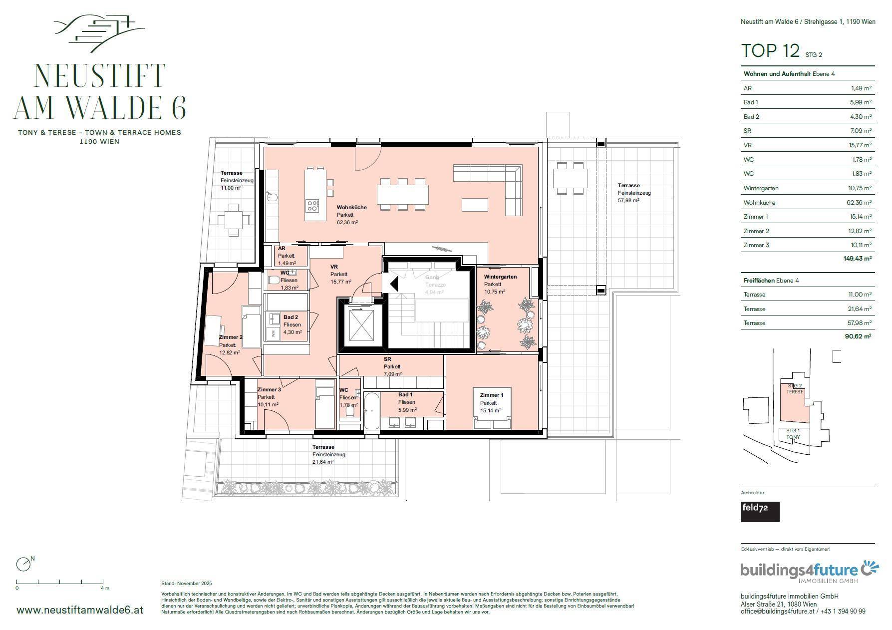 Detaillierter Grundriss einer Wohnung mit mehreren Zimmern, Terrassen und einem Wintergarten.