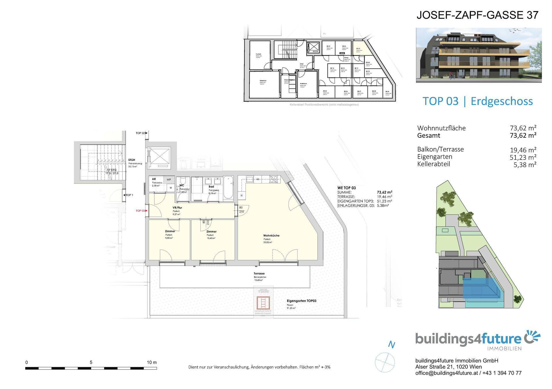 Detaillierter Grundriss des Erdgeschosses mit Wohnfläche, Balkon/Terrasse und Gartenanteil.