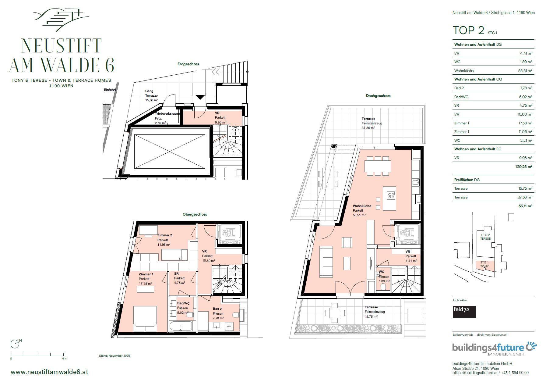 Detaillierter Grundriss einer Maisonette-Wohnung mit mehreren Ebenen und Terrassen.