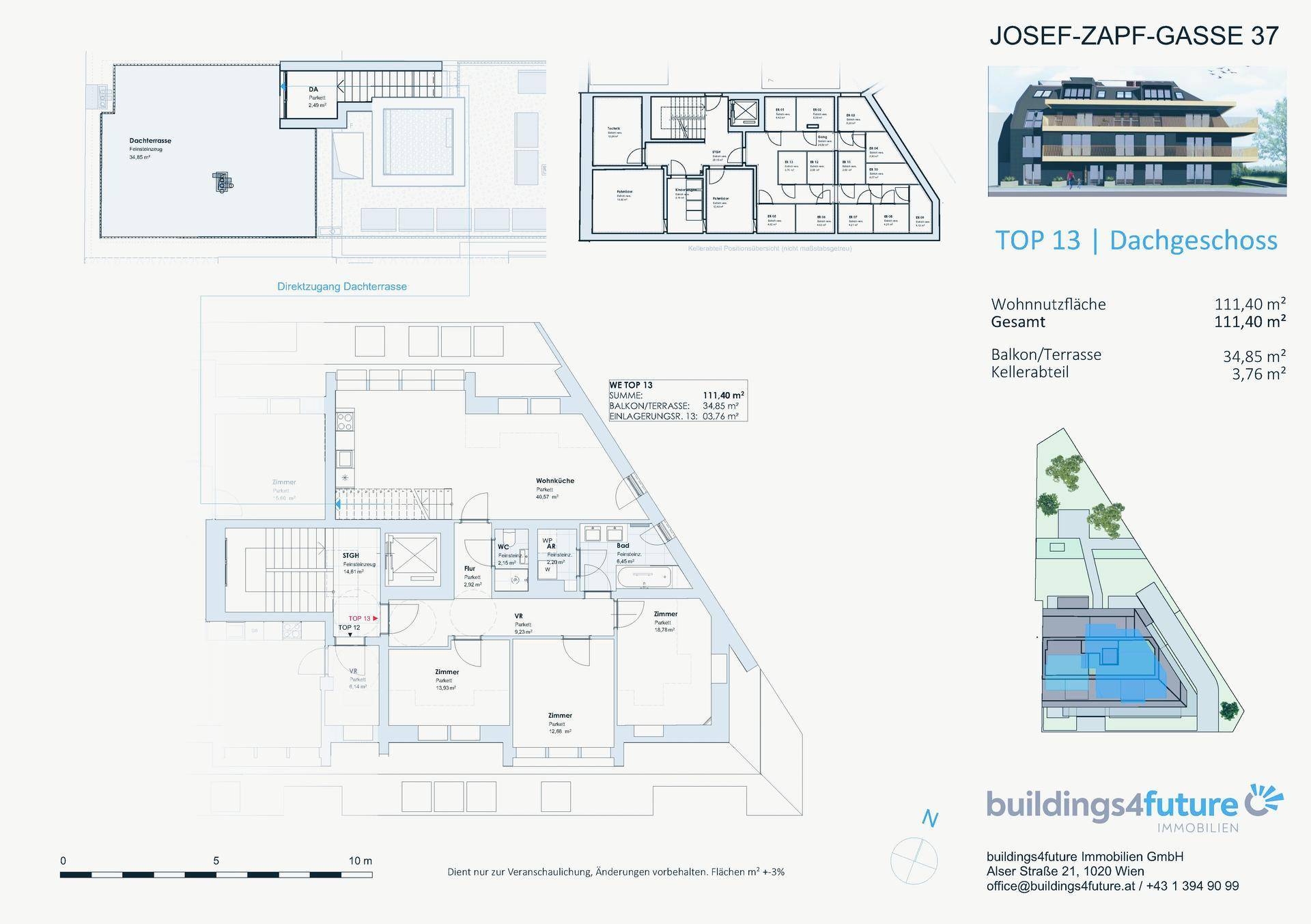 Detaillierter Grundriss des Dachgeschosses mit Wohnnutzfläche und Balkon/Terrasse.