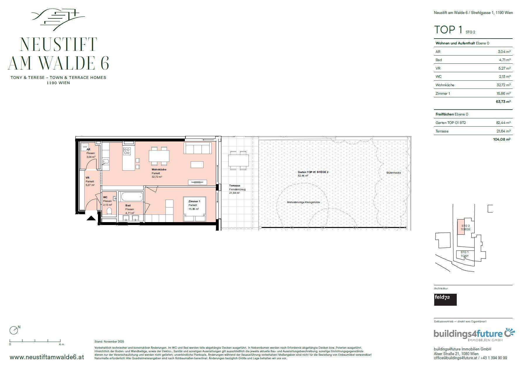 Grundriss der Wohnung mit offenem Wohnbereich, Terrasse und privatem Gartenanteil.