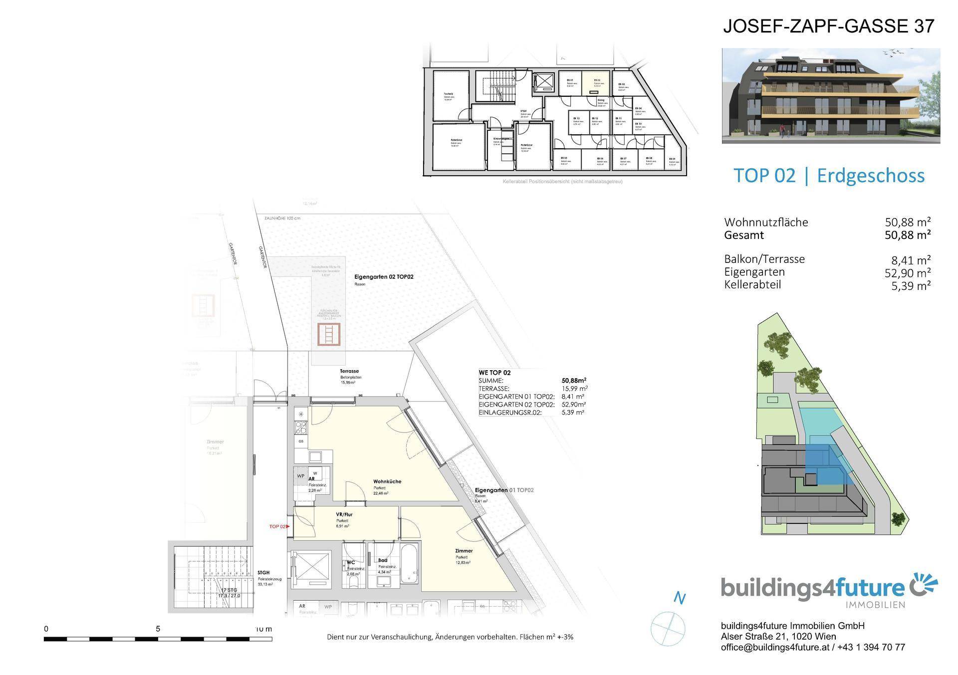 Grundriss des Erdgeschosses mit Wohnfläche, Balkon, Terrasse und eigenem Garten.