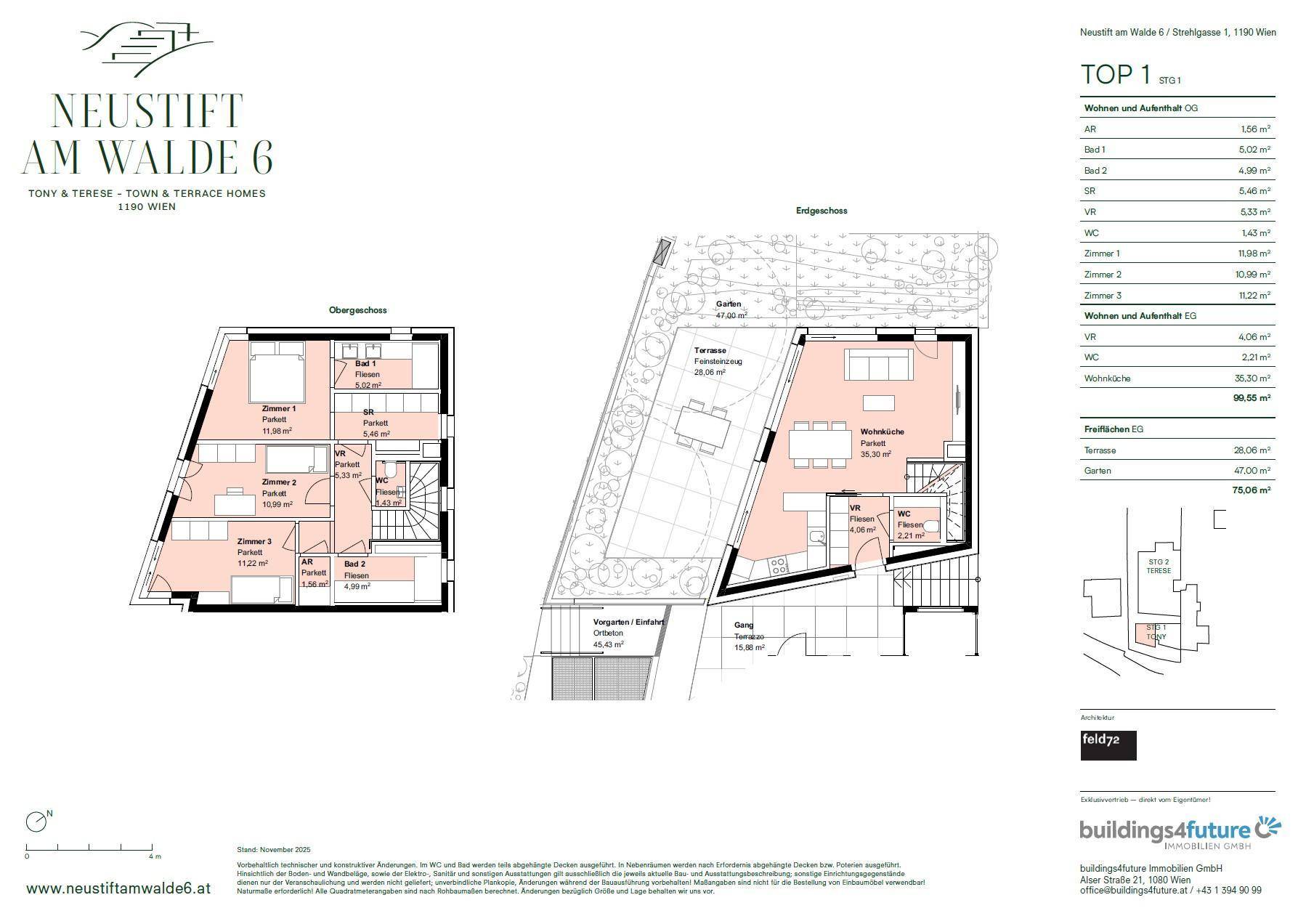 Detaillierter Grundriss mit mehreren Ebenen, Terrasse, Garten und offenem Wohnbereich.