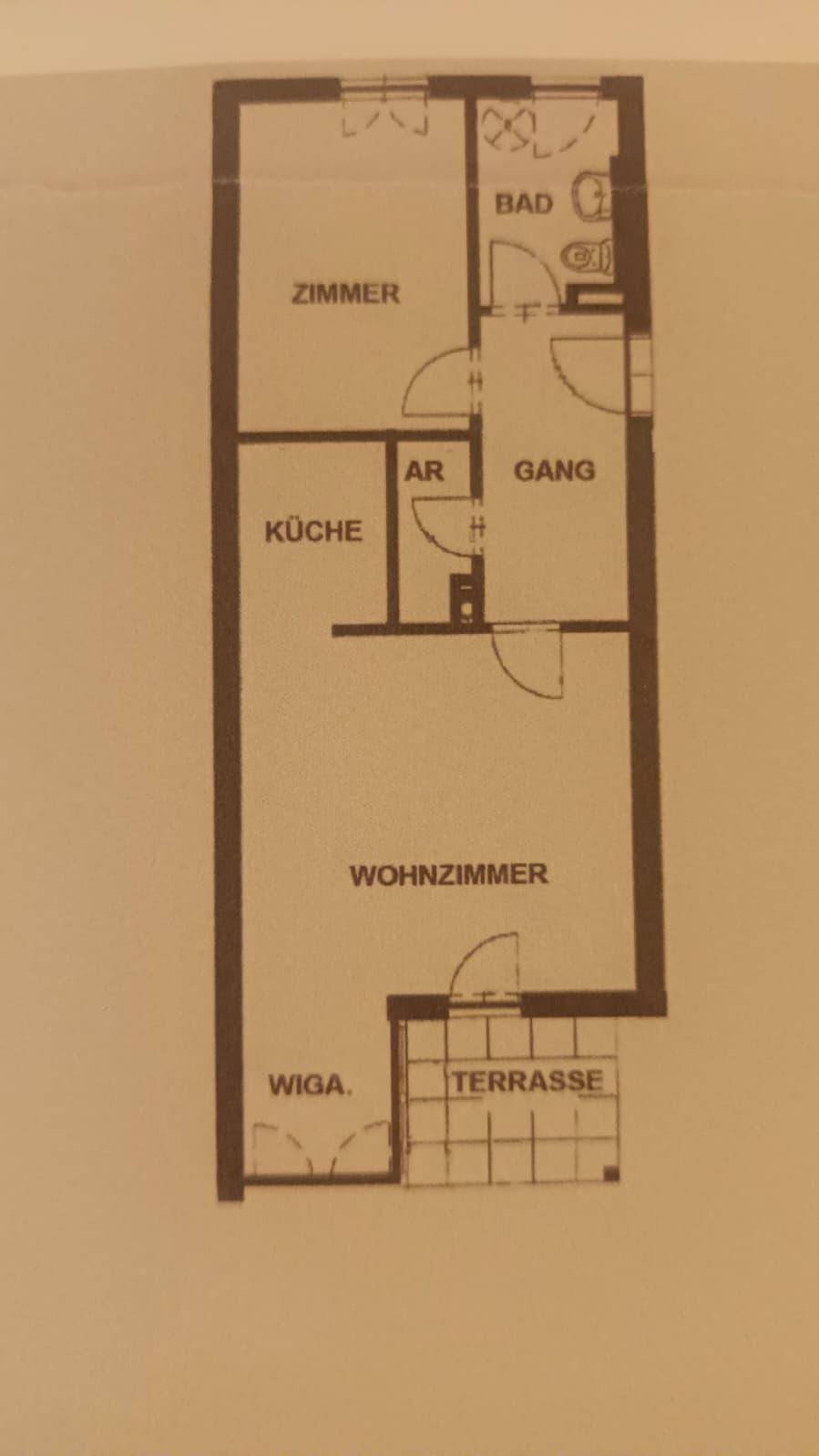 Grundrissplan einer Wohnung mit Wohnzimmer, Küche, Zimmer, Bad, Gang, Wintergarten und Terrasse.