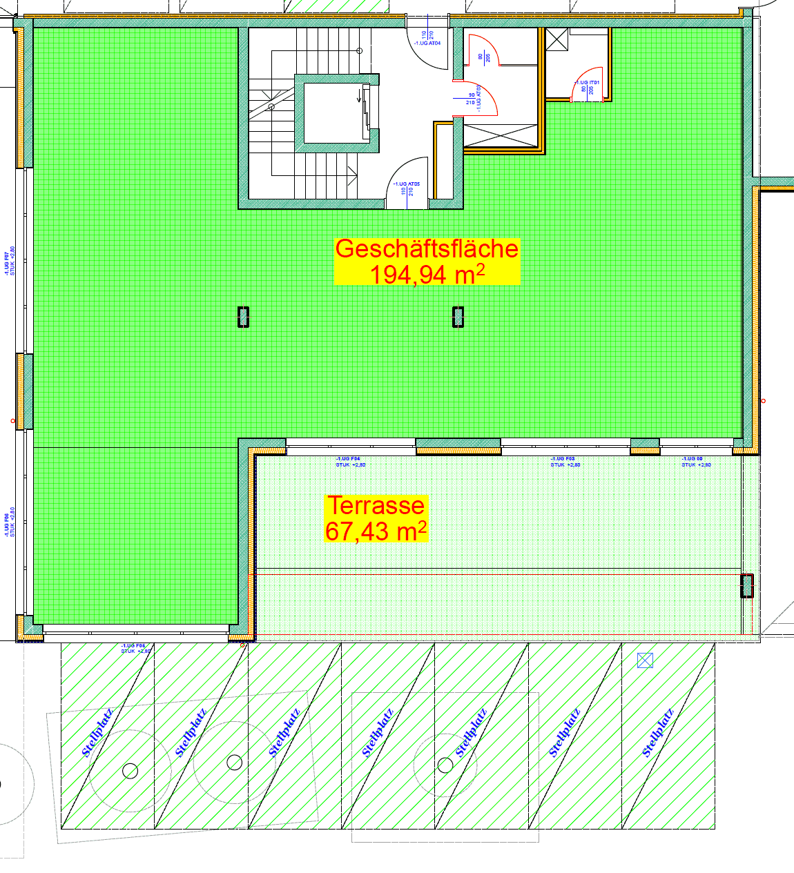 Grundriss der Geschäftsfläche im Erdgeschoss mit großer Terrasse und Stellplätzen.