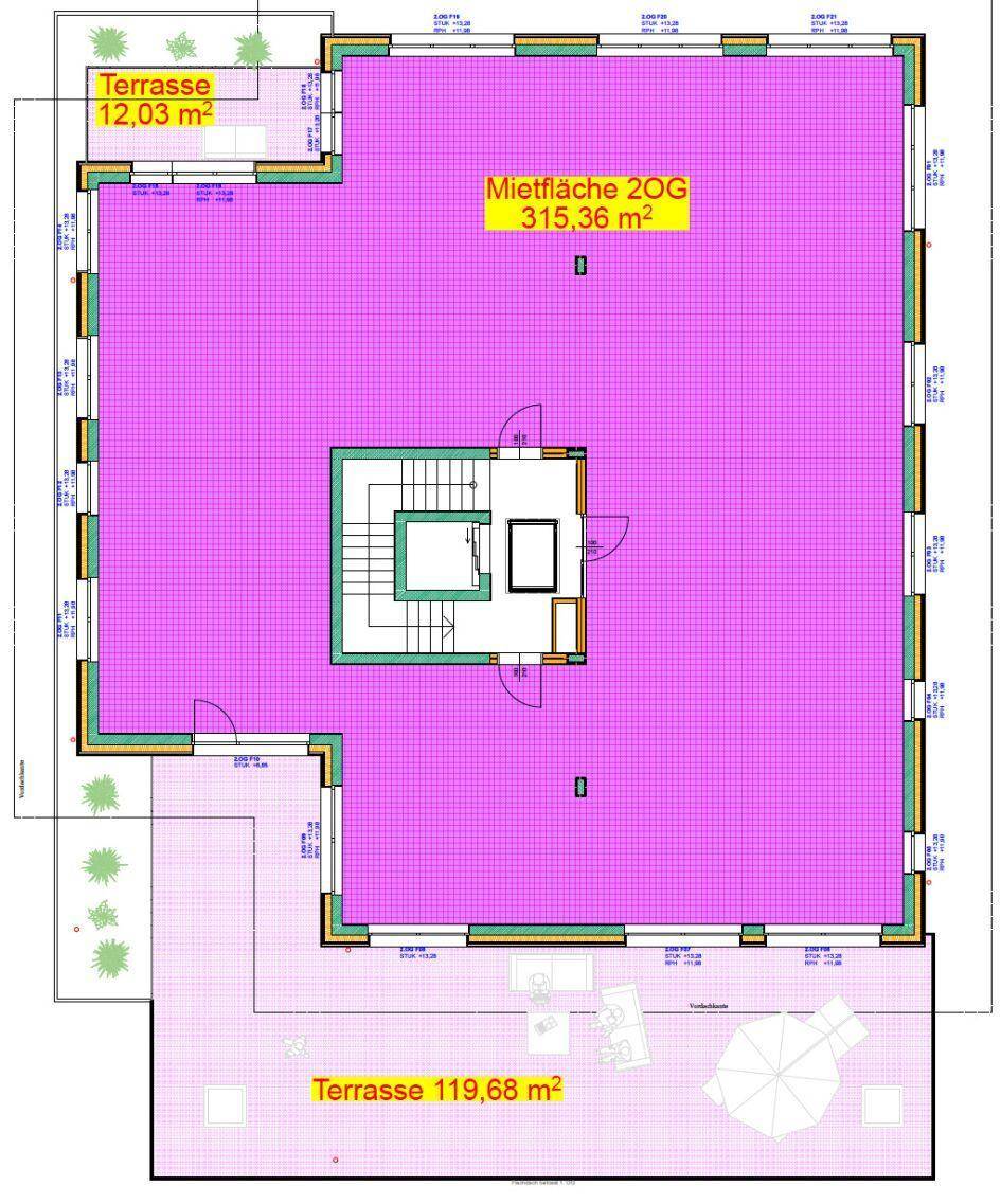 Grundriss des zweiten Obergeschosses mit großer Mietfläche und zwei Terrassenbereichen.