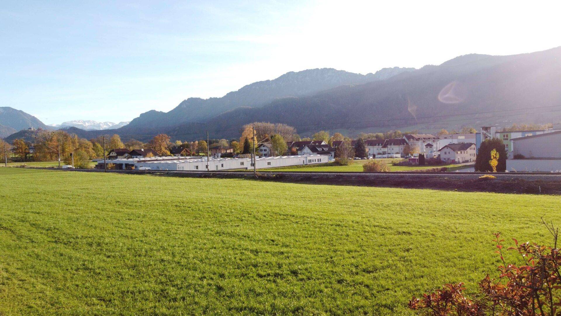 Weitläufige grüne Felder erstrecken sich vor einer malerischen Bergkulisse unter klarem Himmel.