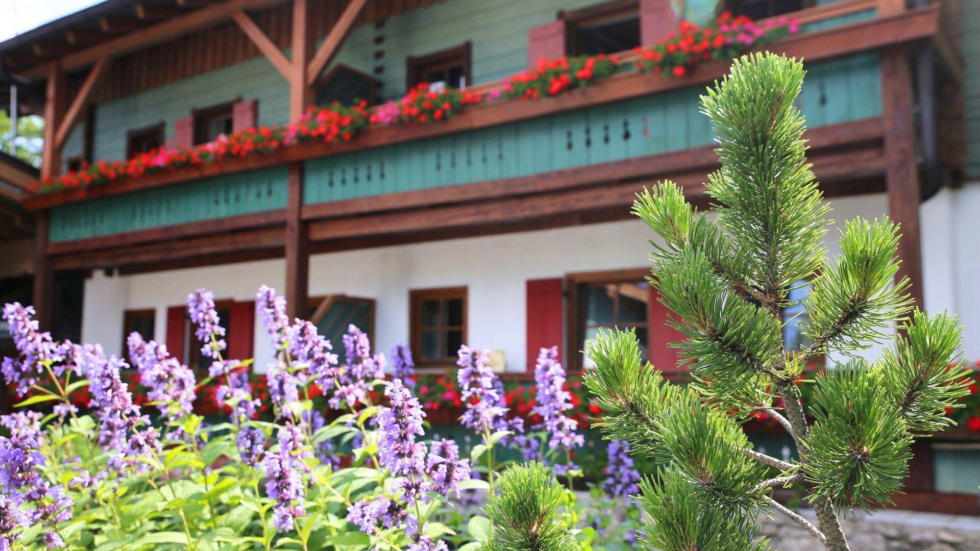 Detailansicht der Gebäudefassade mit blühenden Blumen auf dem Balkon und im Vorgarten.