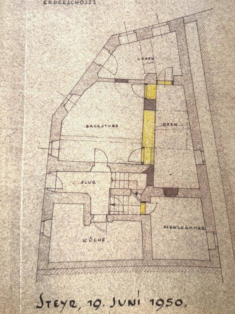 Historischer Grundriss des Erdgeschosses mit Laden, Backstube und Küche.