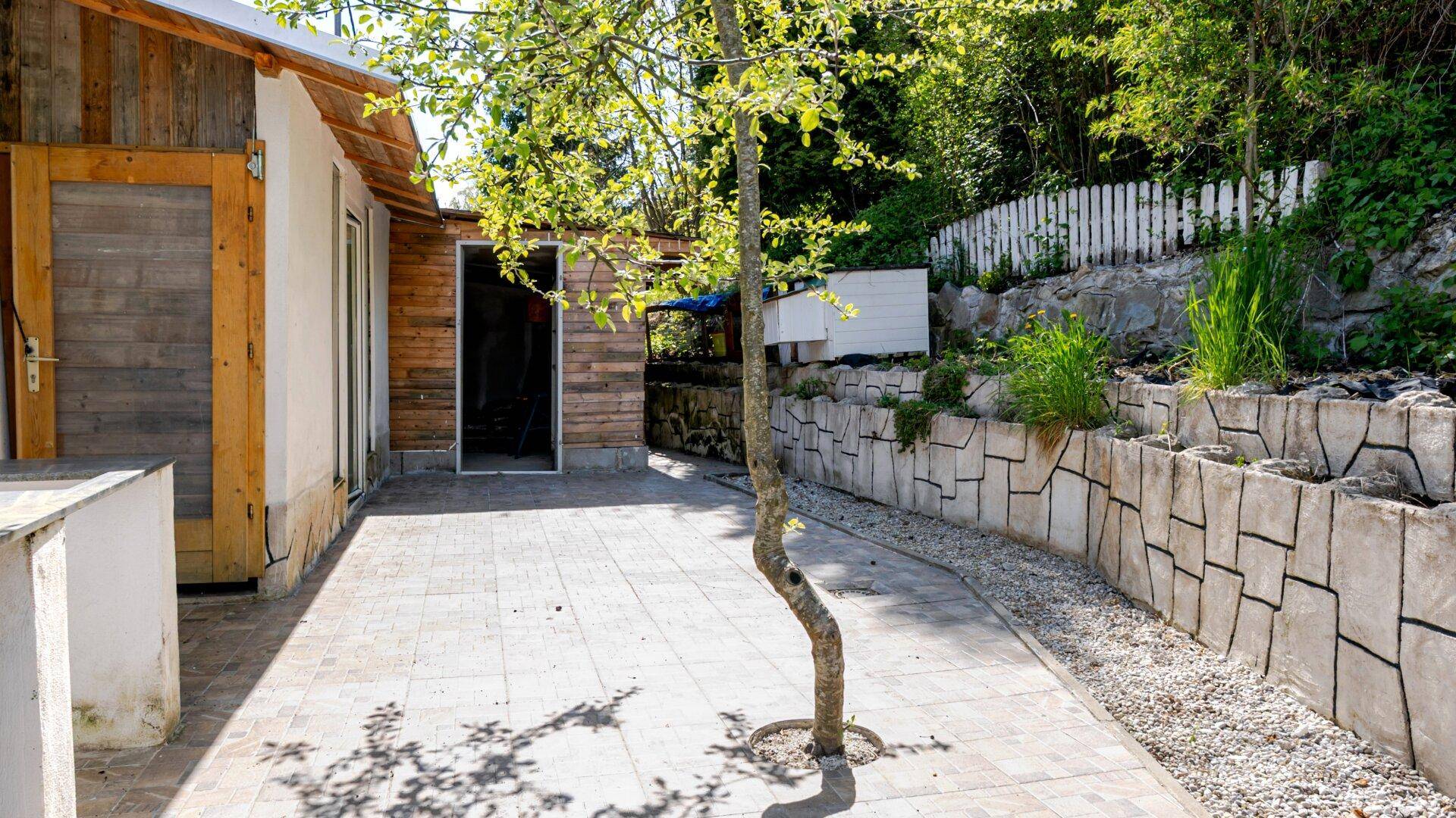 Gepflasterter Außenbereich mit einem jungen Baum und rustikalen Holzwänden, umgeben von Grün.