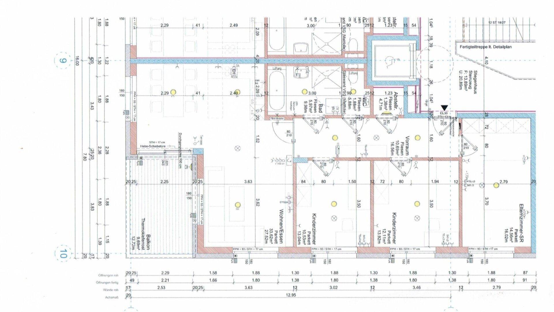 Detaillierter Grundriss einer Wohnung mit Raumaufteilung und Maßangaben.