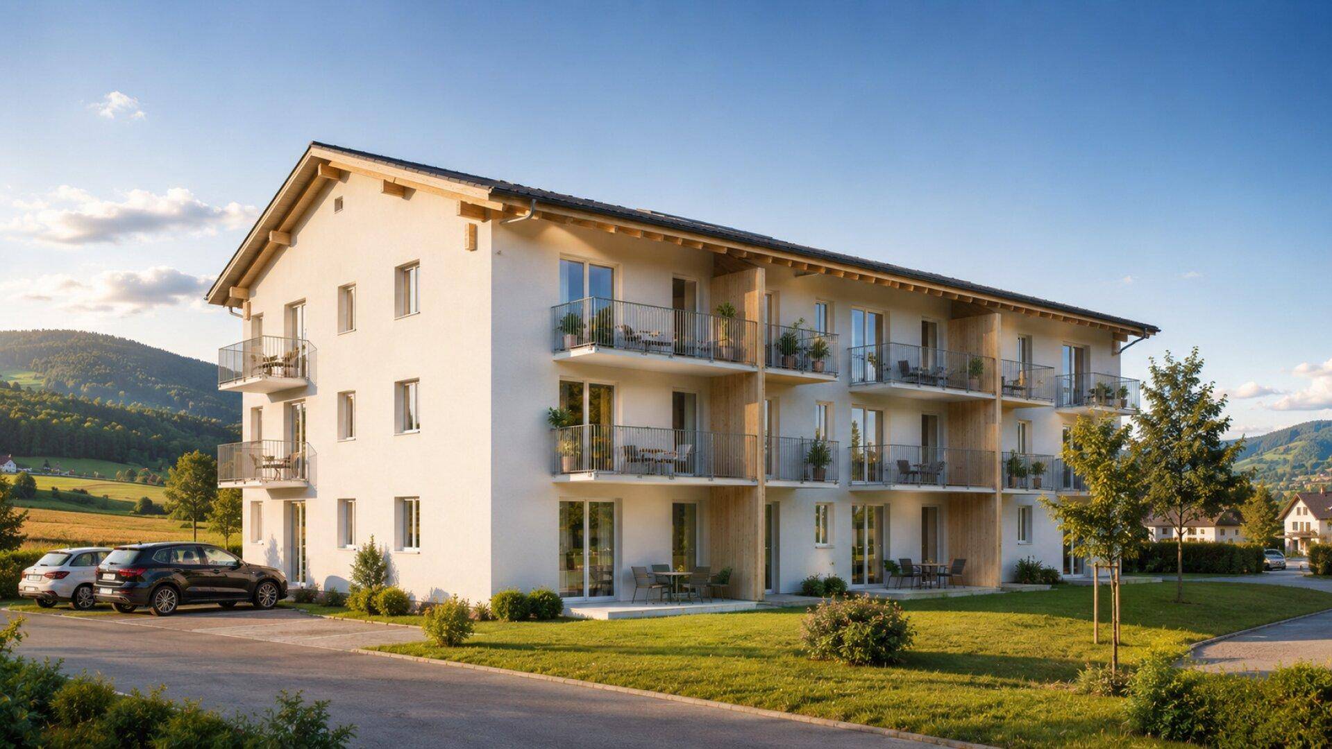 Modernes Mehrfamilienhaus mit Balkonen und Satteldach in ländlicher Umgebung, umgeben von Natur.