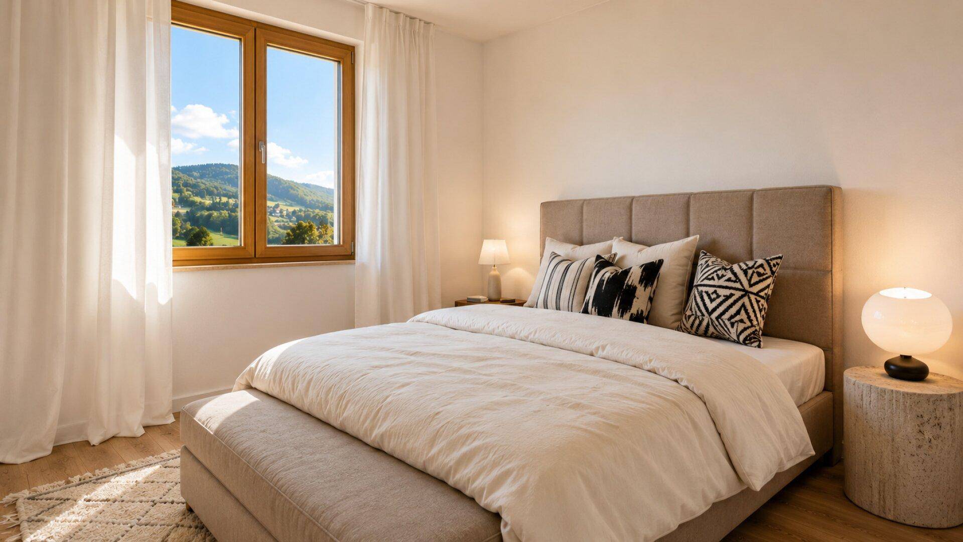 Gemütliches Schlafzimmer mit Doppelbett, Nachttischen und Bergblick, hell und ruhig.