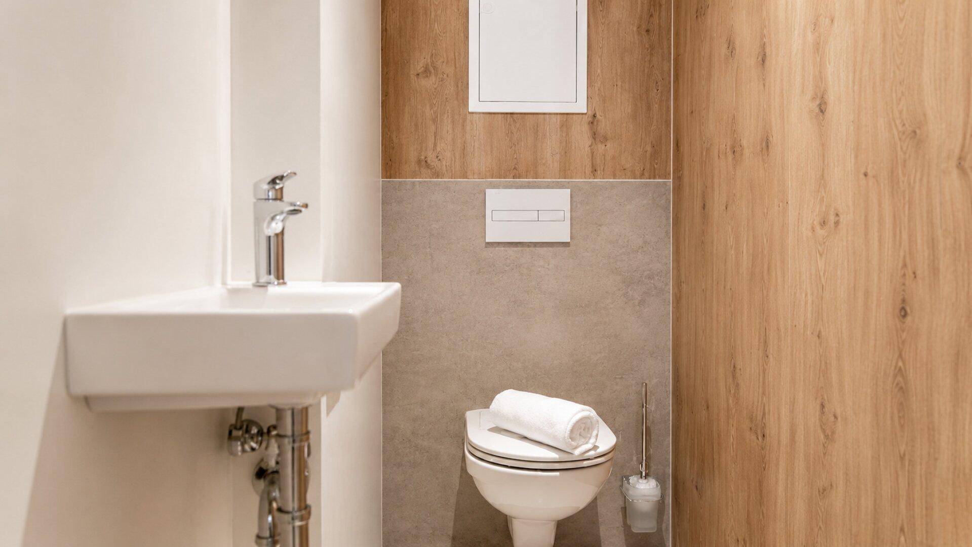 Modernes Gäste-WC mit Holzverkleidung, wandmontierter Toilette und kleinem Waschbecken.