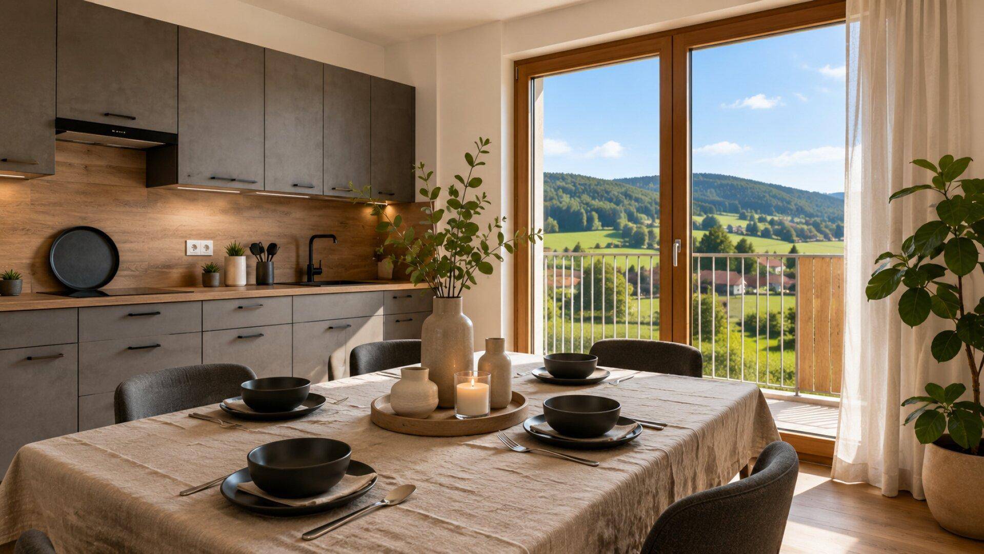 Heller Essbereich mit gedecktem Tisch und weitem Blick auf die umliegende grüne Landschaft und ein Dorf.