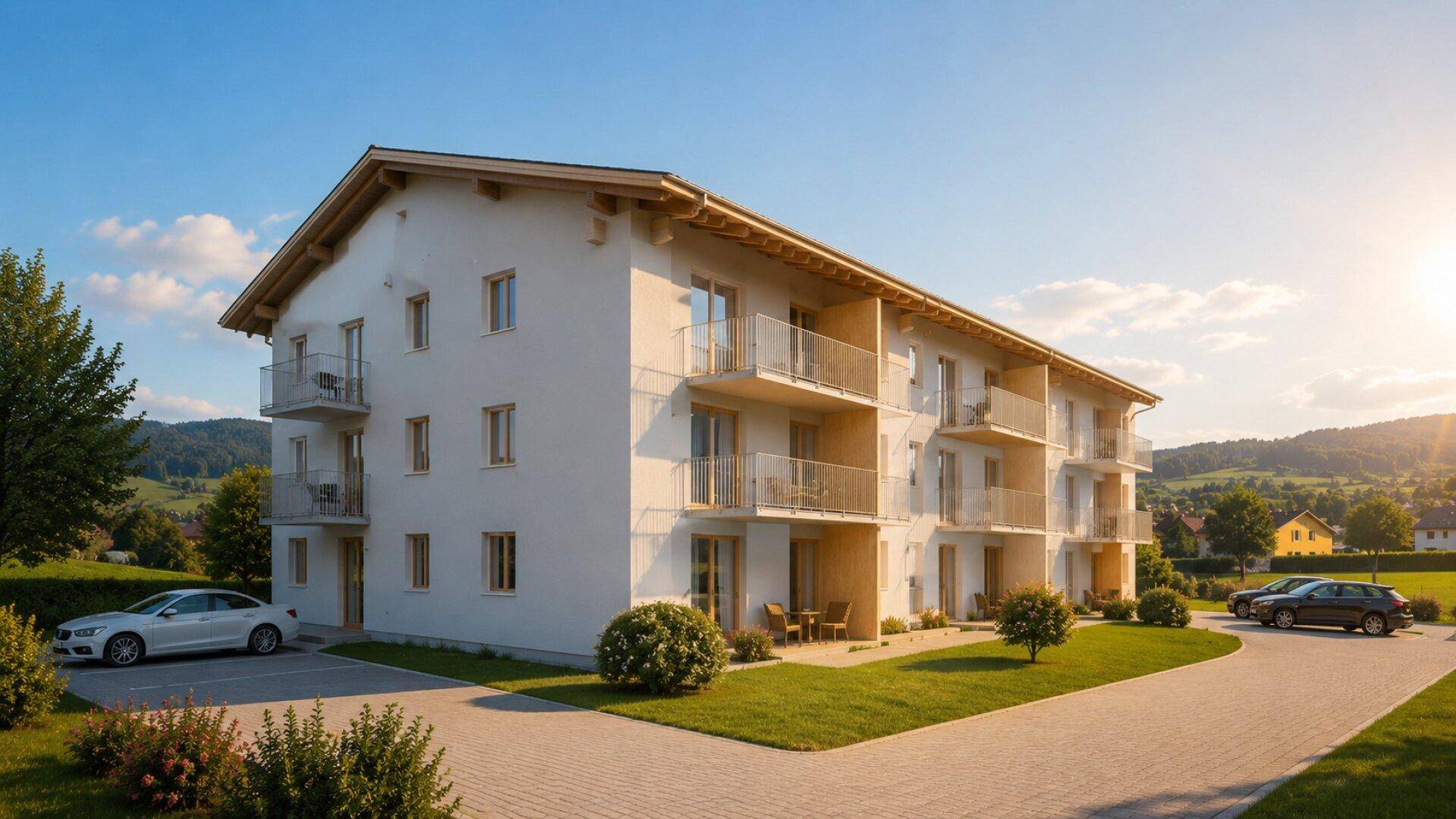 Modernes Mehrfamilienhaus mit mehreren Balkonen und Parkplätzen in ländlicher Umgebung bei Sonnenuntergang.