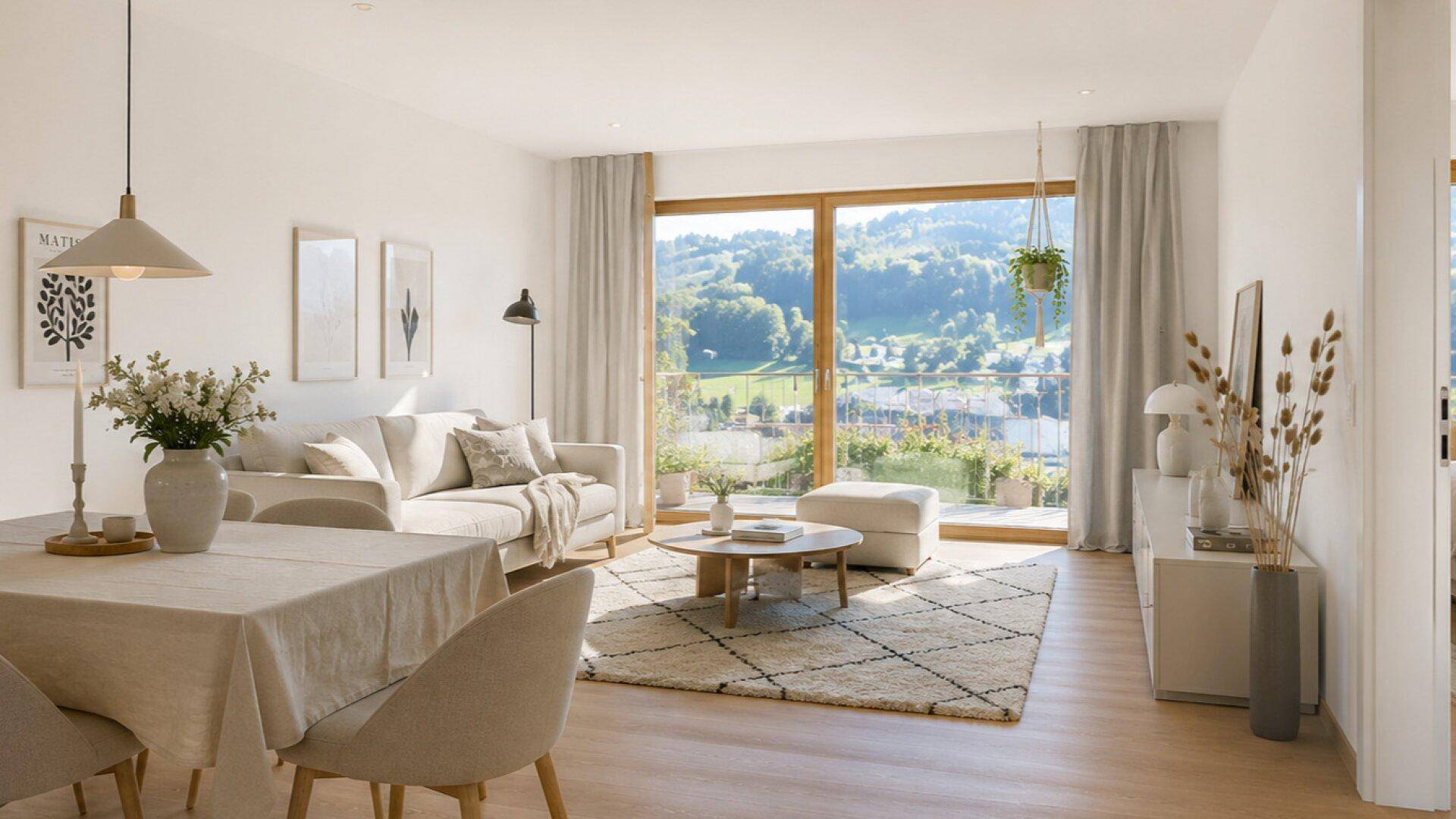 Heller Wohn- und Essbereich mit modernem Design, Holzboden und Panoramablick auf die umliegende Natur.