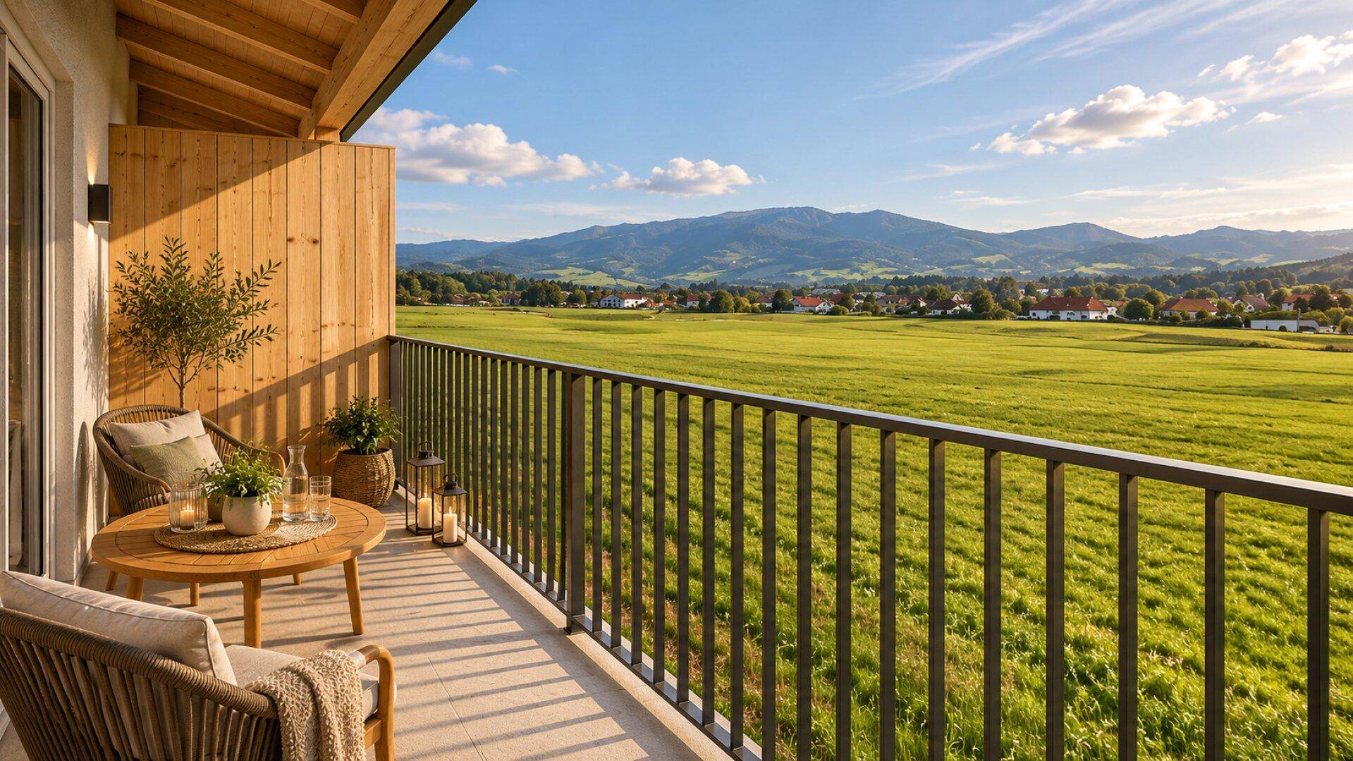 Sonniger Balkon mit Sitzgelegenheiten und weitem Blick über grüne Felder und Berge.