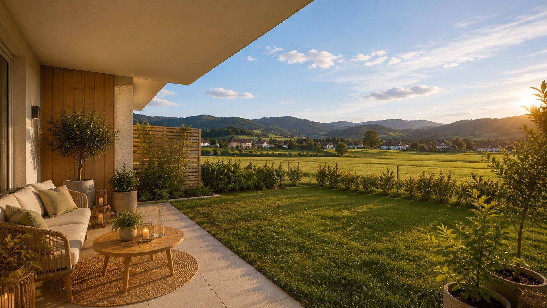 Große Sonnenterrasse mit bequemen Sitzgelegenheiten und weitem Blick ins Grüne, ideal zum Entspannen.