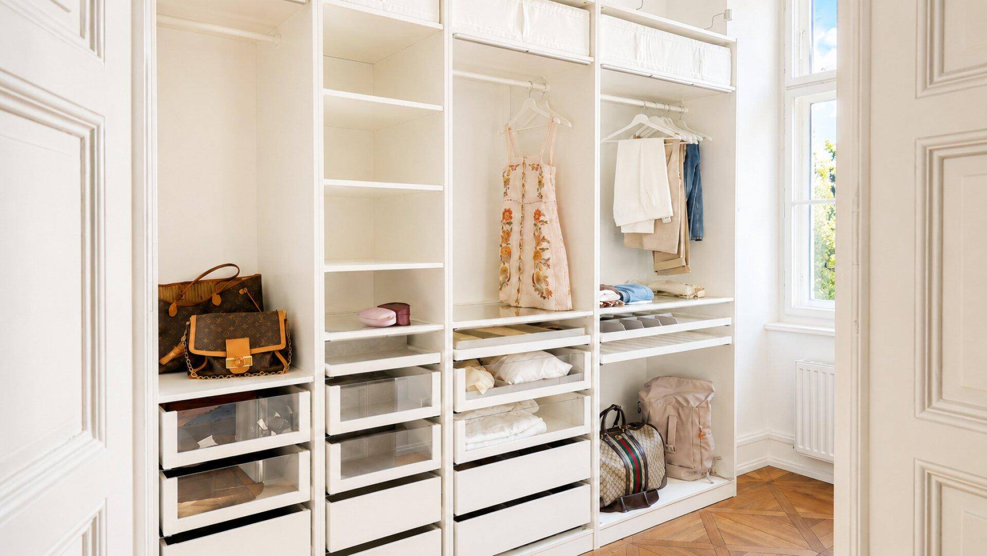 Geräumiger, begehbarer Kleiderschrank mit vielen Regalen und Schubladen für Kleidung und Accessoires.