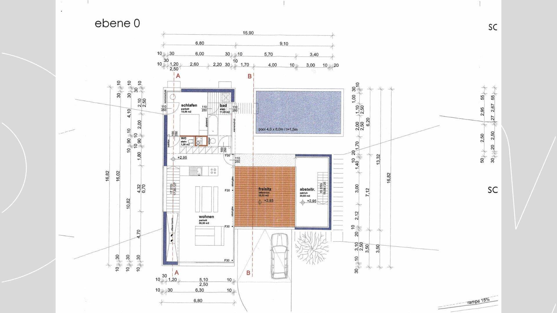 Grundriss der Wohnebene mit offenem Wohnbereich, Terrasse und integriertem Pool.