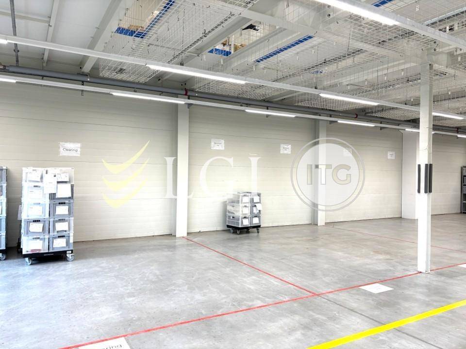 Heller, leerer Industrieraum mit hohen Decken, Betonboden und moderner Deckenbeleuchtung, bereit zur Nutzung.