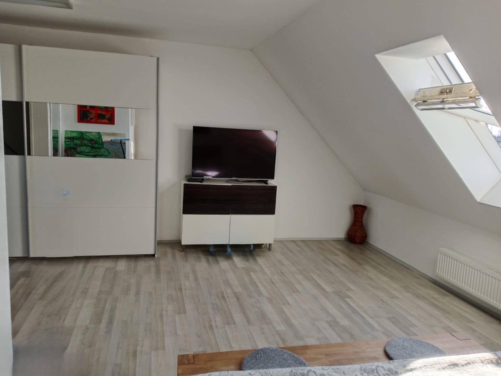 Dachgeschosszimmer mit Kleiderschrank, Fernseher und einem Dachfenster.