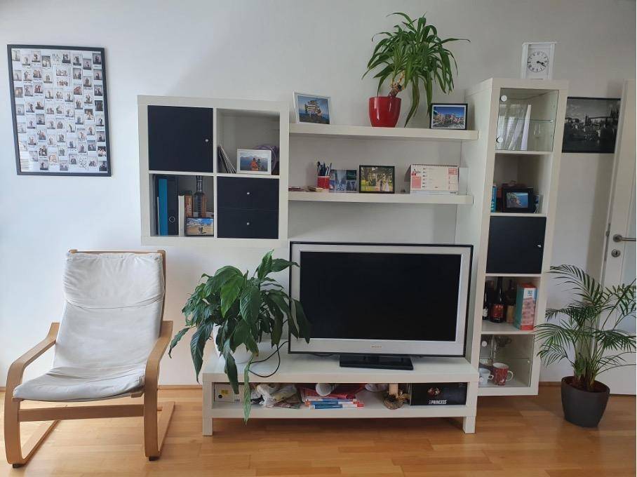 Heller Wohnbereich mit TV-Möbeln, Regalen und einem bequemen Sessel, dekoriert mit Pflanzen.