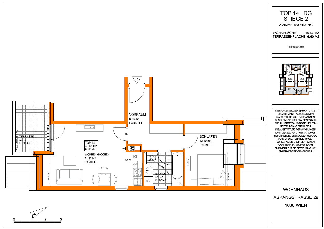 Detaillierter Grundriss einer 2-Zimmer-Wohnung mit Terrasse und offenem Wohn-Kochbereich.