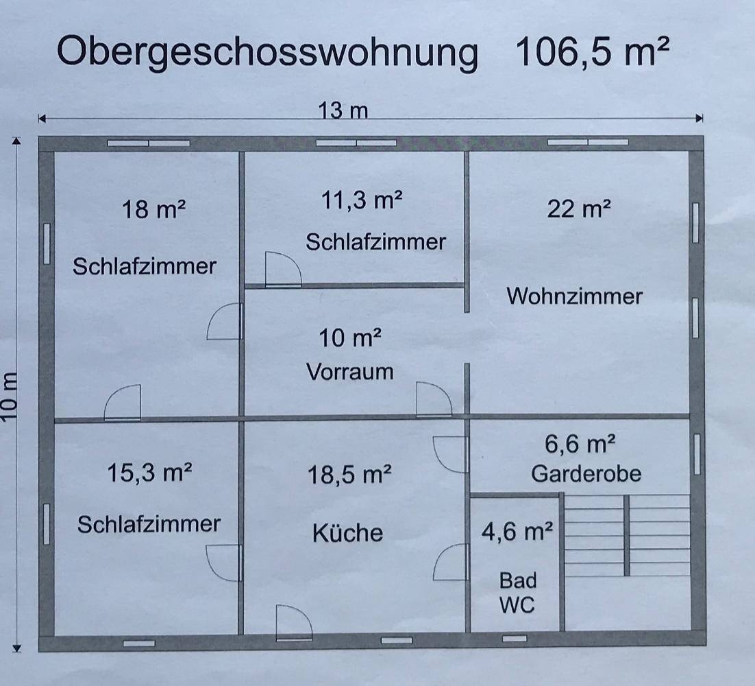 Grundriss der Obergeschosswohnung mit 106,5 m² und mehreren Zimmern.