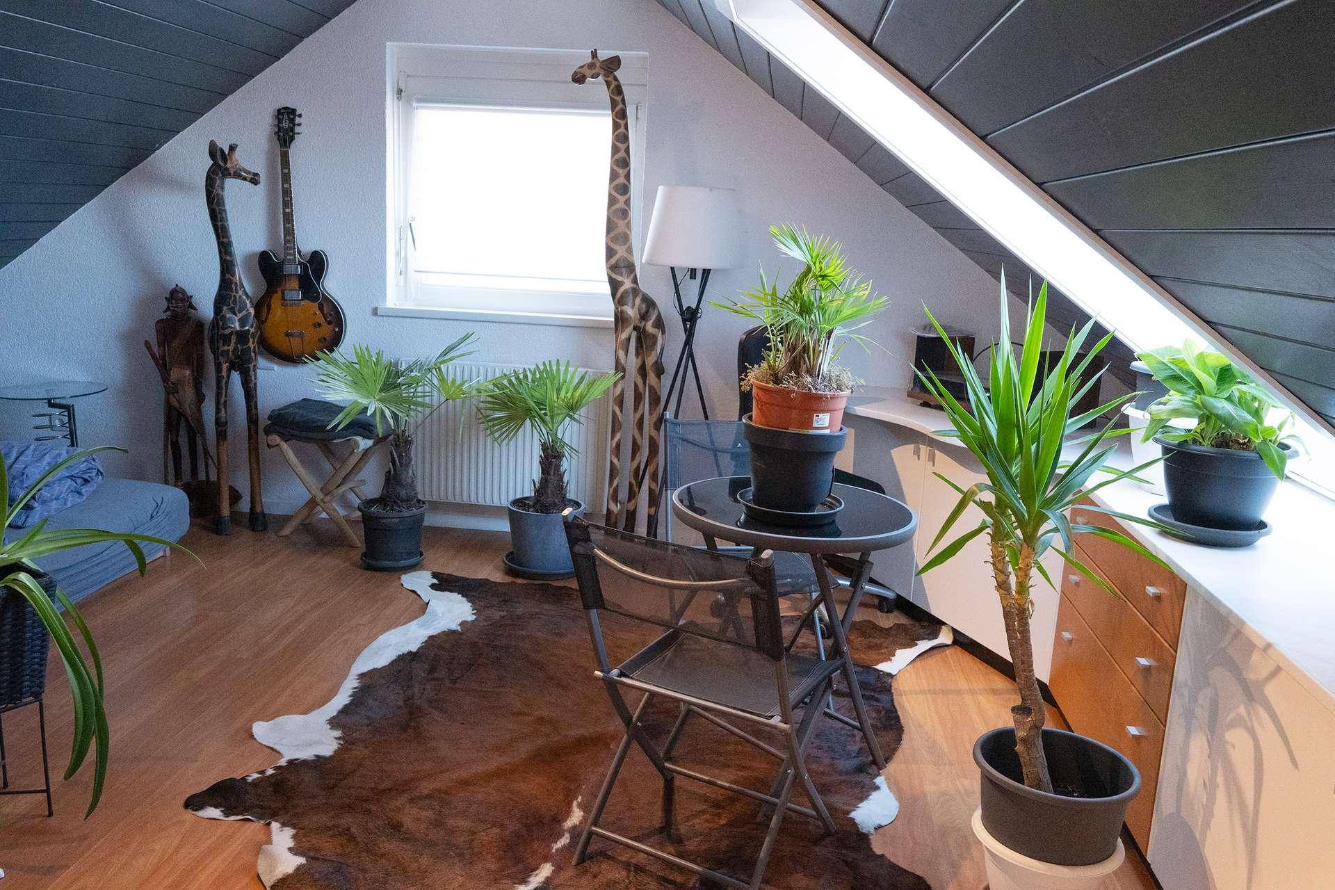 Helles Arbeitszimmer im Dachgeschoss mit Holzboden und dekorativen Pflanzen.