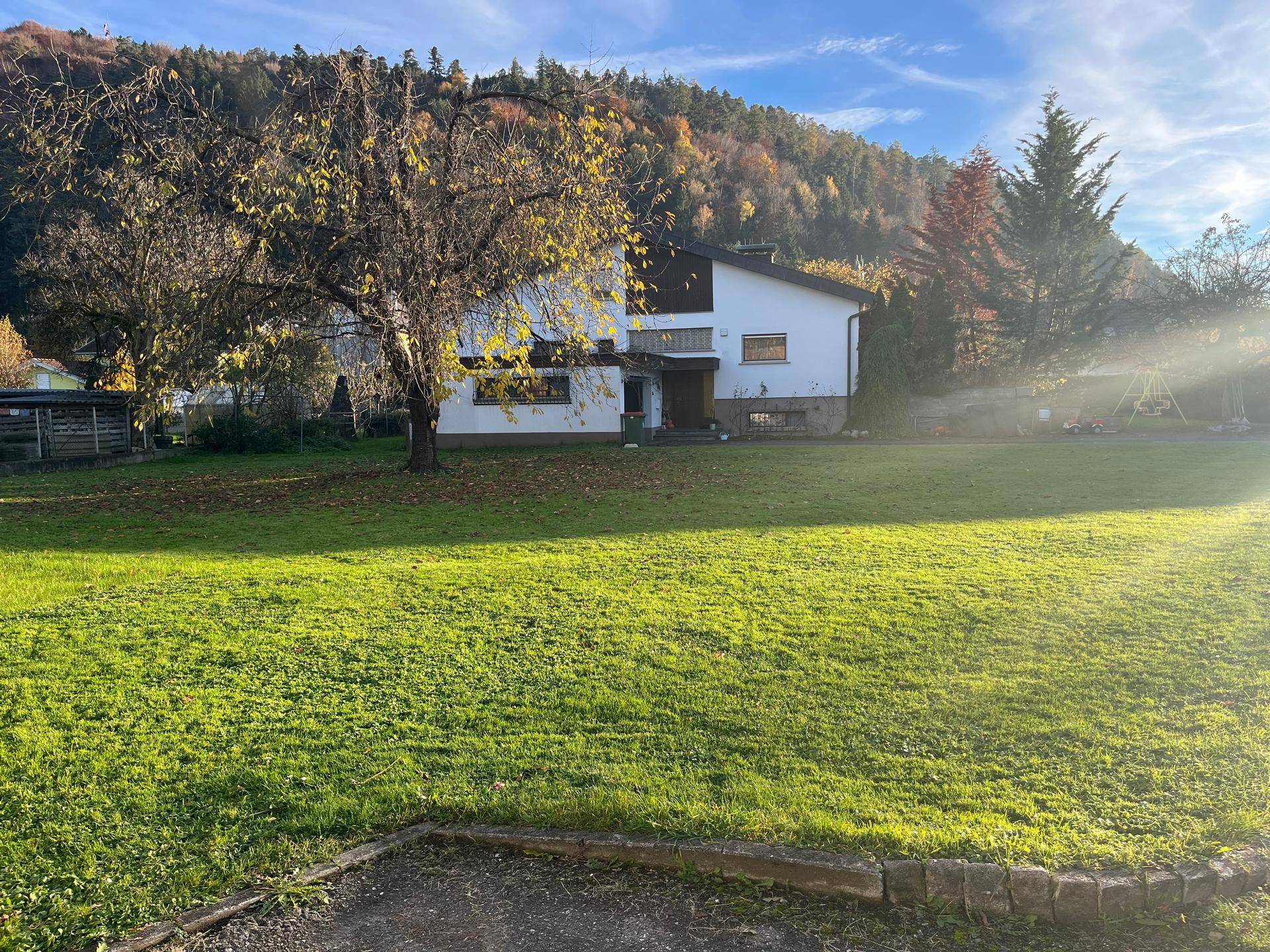 Großzügiger Gartenbereich mit Rasenfläche und Blick auf das Wohnhaus vor bewaldetem Hügel.