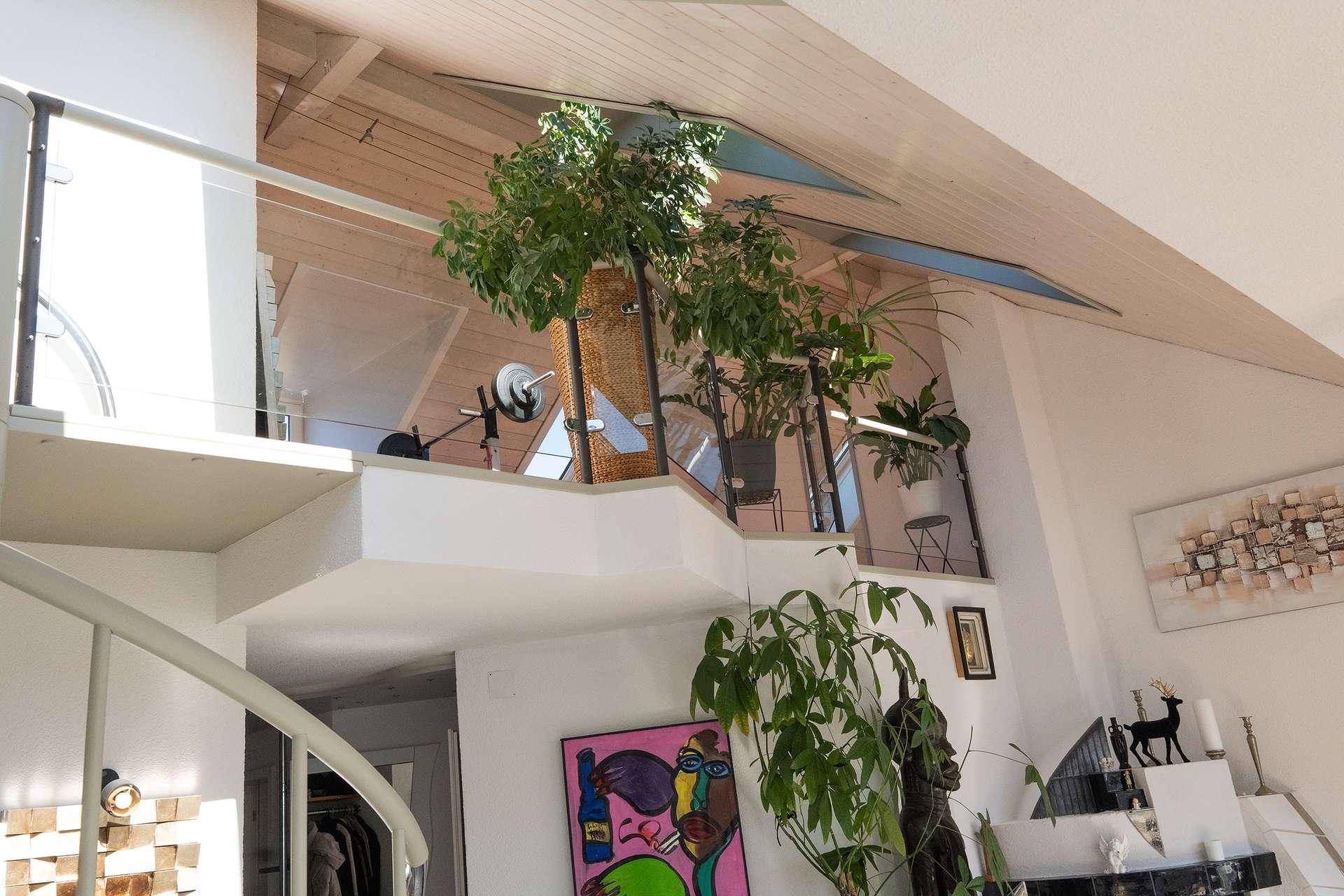 Offener Wohnbereich mit Wendeltreppe zur Galerie und hohen Holzdecken.