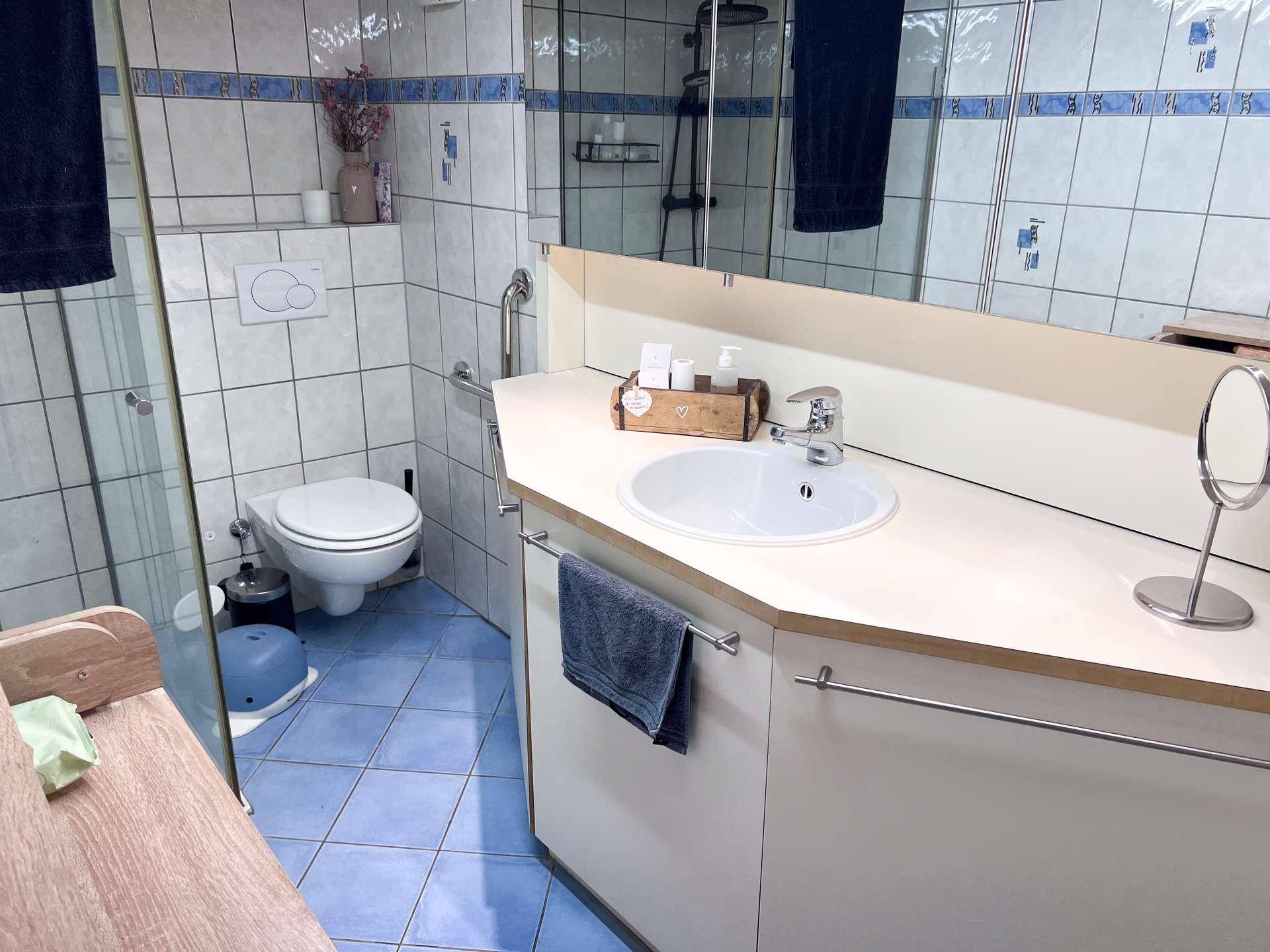 Badezimmer mit blauen Fliesen, Dusche, WC und modernem Waschtisch mit Spiegel.