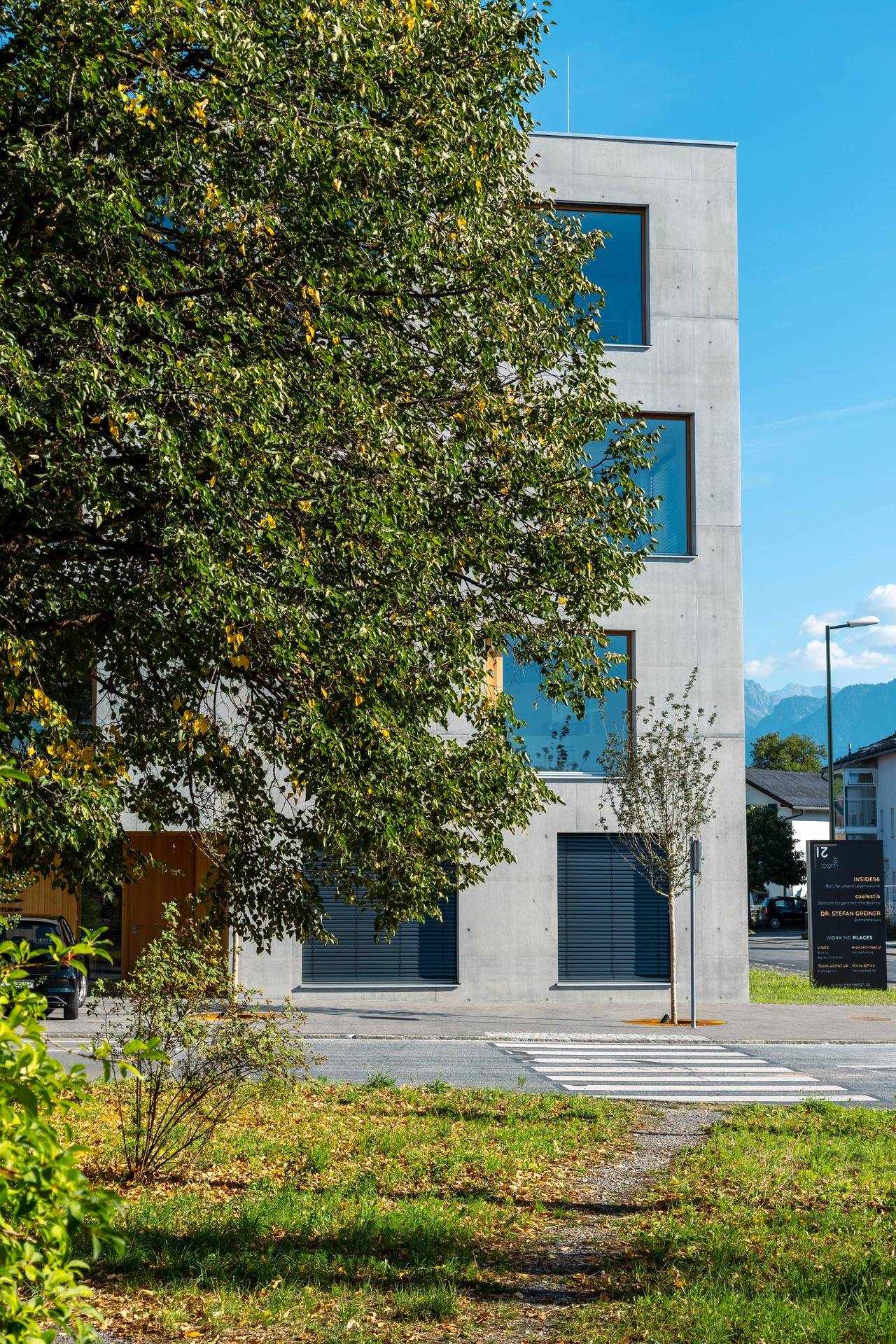 Seitenansicht eines modernen Gebäudes mit großen Fenstern, teilweise von einem Baum verdeckt, an einem sonnigen Tag.