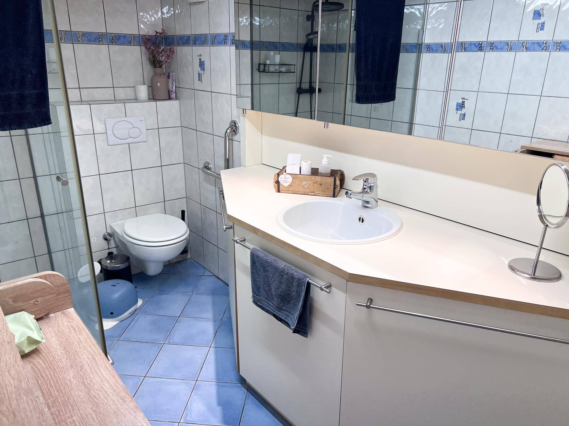Badezimmer mit blauen und weißen Fliesen, Einzelwaschbecken und Duschbereich.
