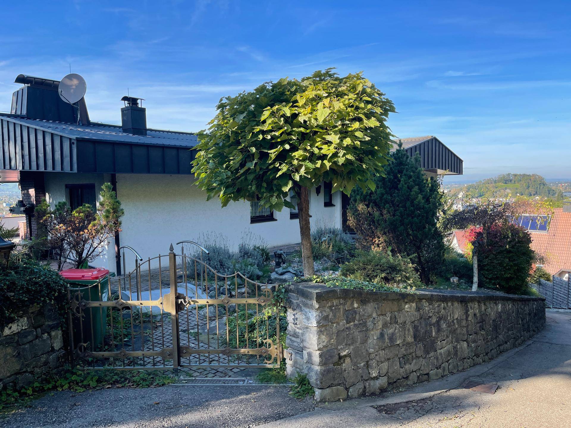 Eingangsbereich des Hauses mit einer Steinmauer, einem schmiedeeisernen Tor und einem kleinen Baum.