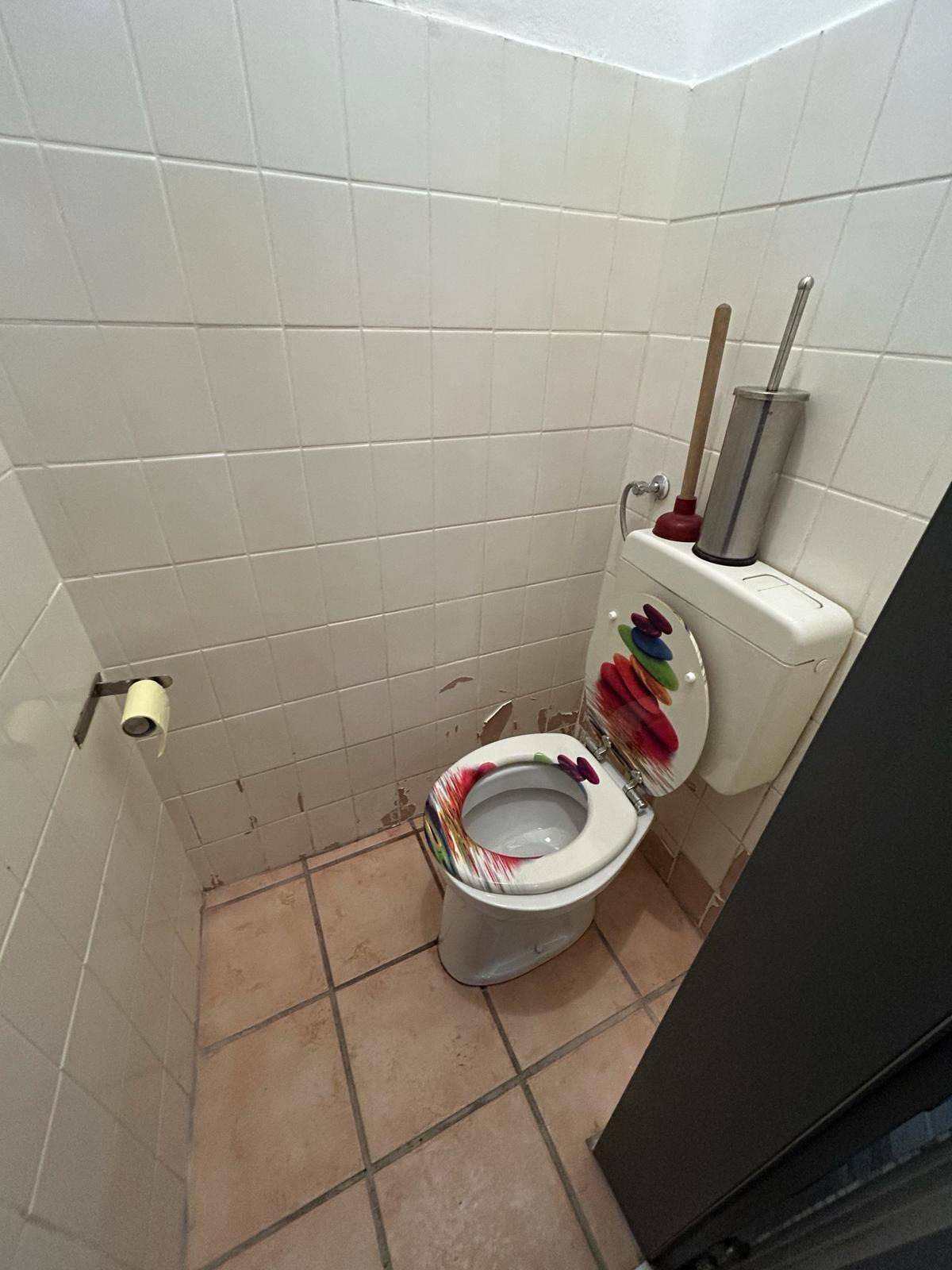Kleines Badezimmer mit WC, Fliesen an Wänden und Boden, sowie einem farbenfrohen Toilettensitz.