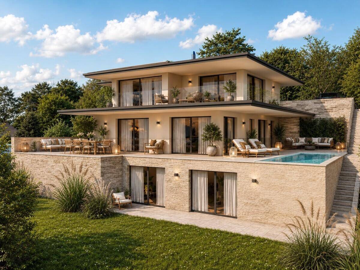 Moderne Villa mit mehreren Terrassen, Infinity-Pool und weitläufigem Gartenbereich.