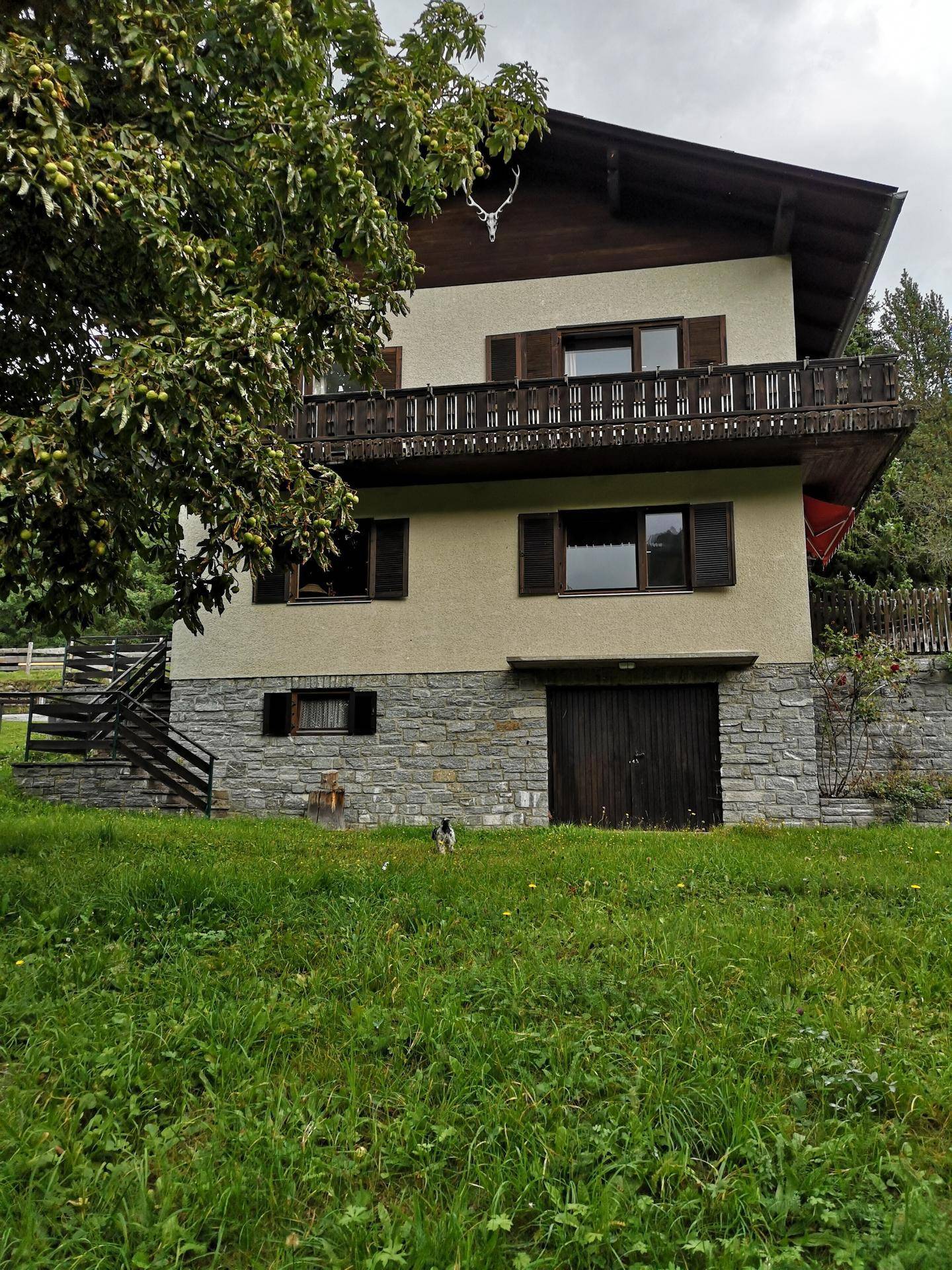 Alpines Haus mit Steinsockel, Holzbalkon und Hirschgeweih-Dekoration im Grünen.