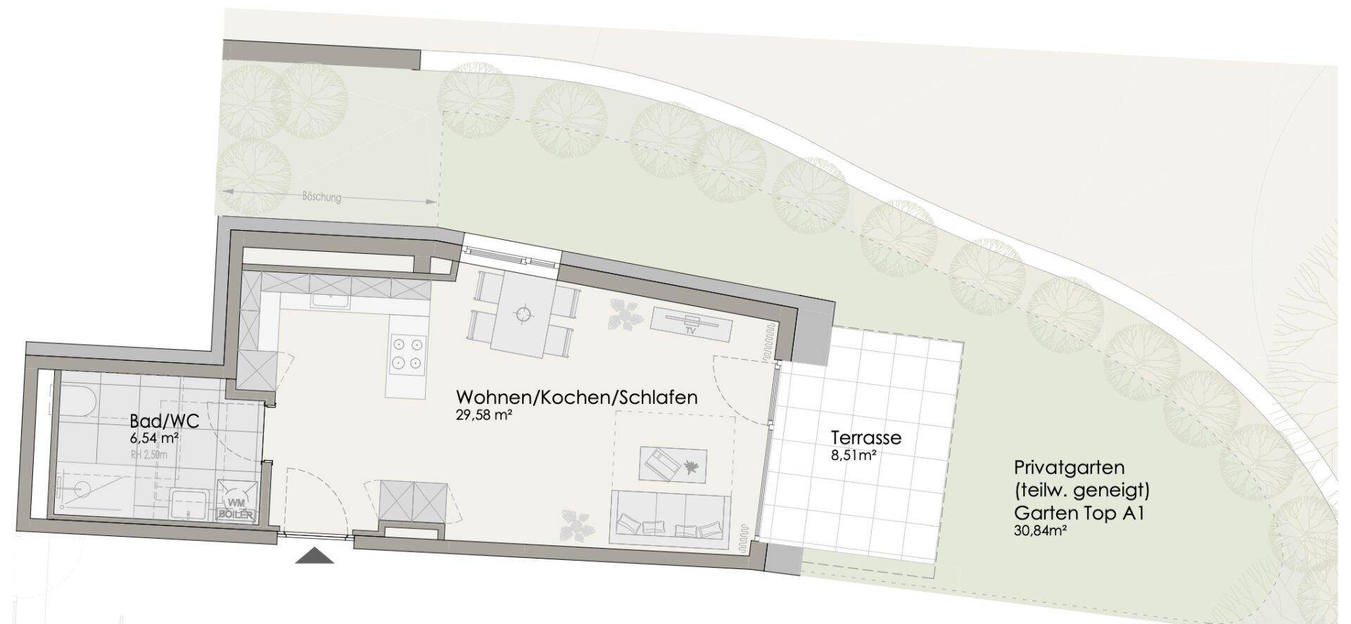 Grundriss einer Wohnung mit offenem Wohn-/Koch-/Schlafbereich, Bad, Terrasse und Privatgarten.